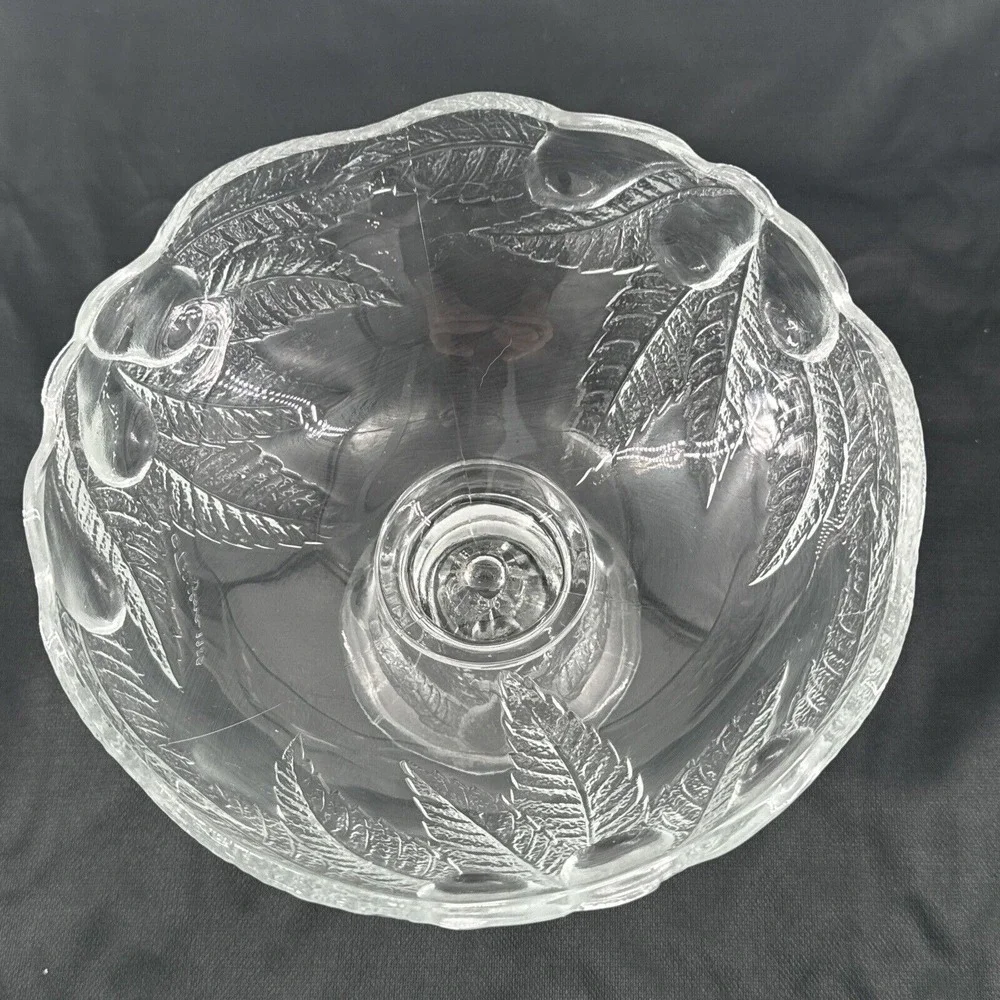 Pedestal Fruit Bowl Pear Leaf Design Vintage 80s Teleflora‎ Pressed Glass 7.5